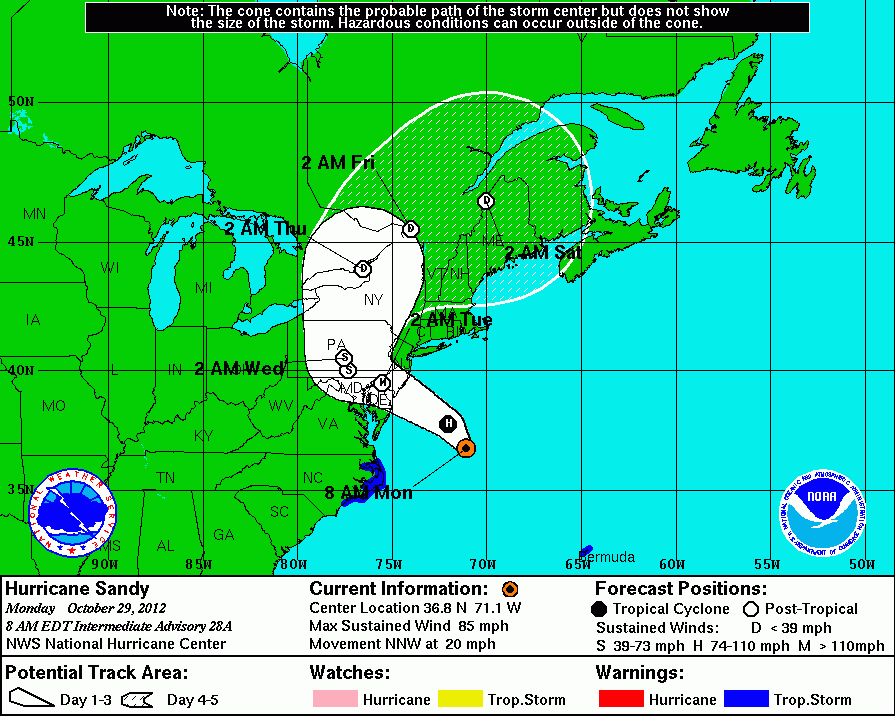 Coastal Watches/Warnings and 5-Day Forecast Cone for Storm Center