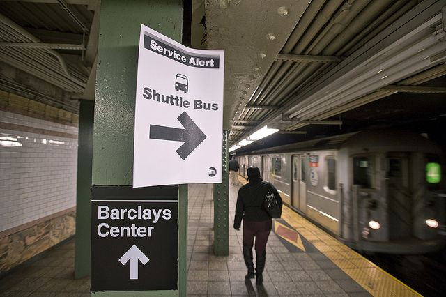 On Nov. 1, subway tunnels under the East River remained out of service after they were flooded during Hurricane Sandy. As a temporary means to allow people across the East River, 330 shuttle buses connected subway and LIRR customers at Barclays Center, Me